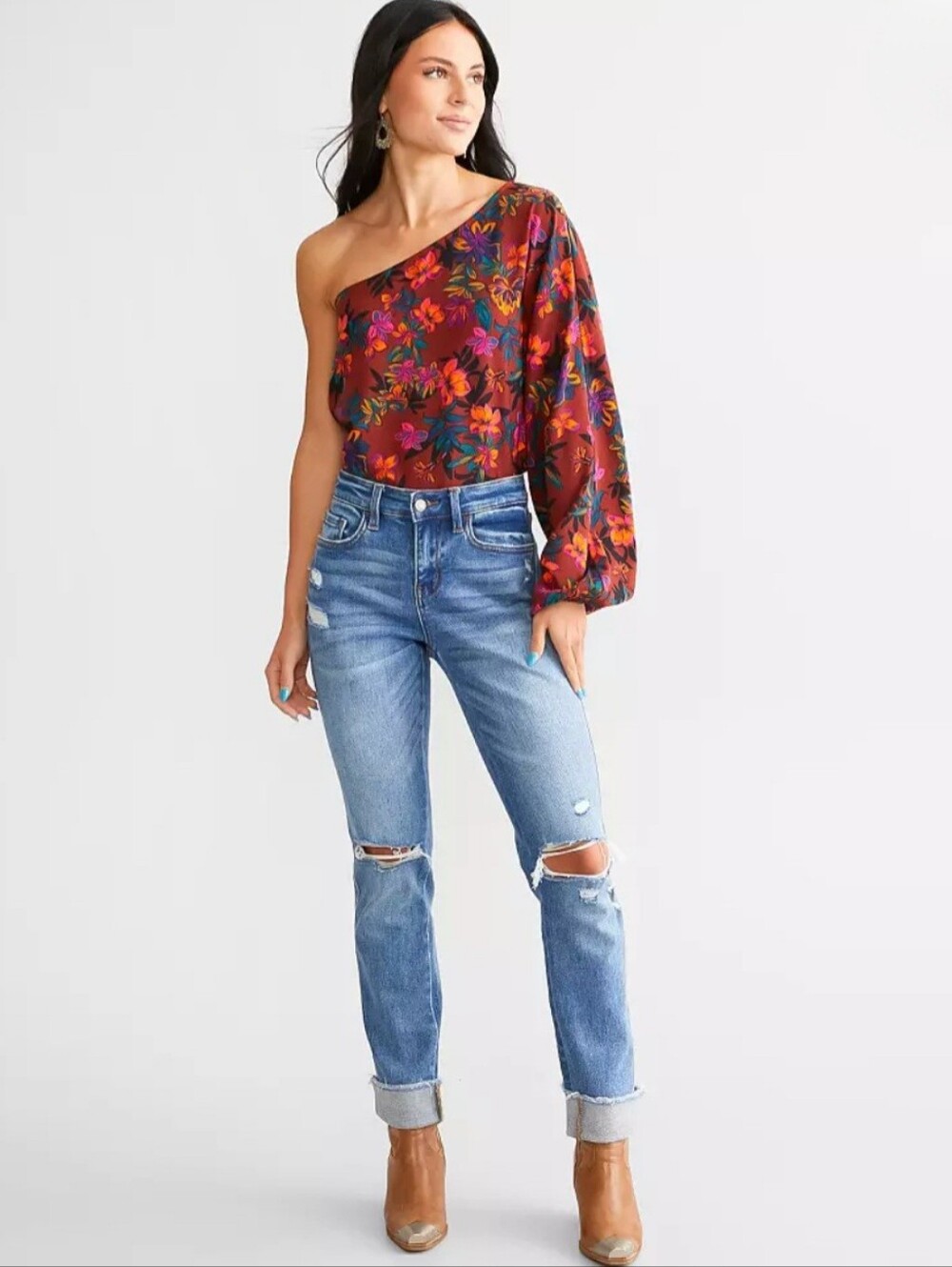 🍃 Willow & Root Floral One Shoulder Top NWOT Size L